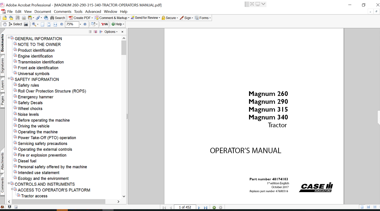 Operator's Manual for Case Magnum 260 Tractor, featuring detailed instructions for operation, maintenance, and troubleshooting