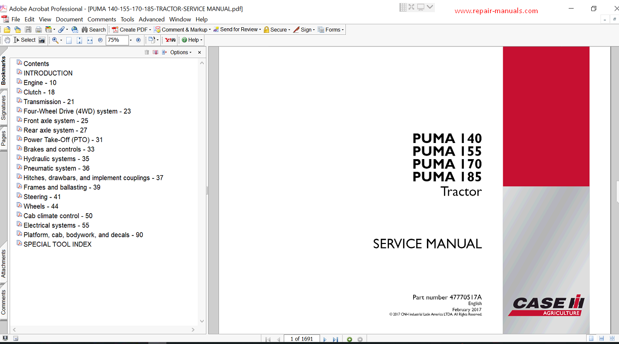 Case Puma 170 tractor service manual, detailing operational procedures and maintenance instructions