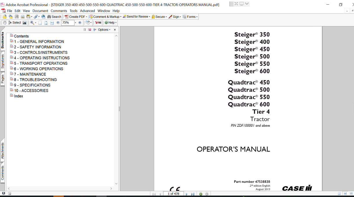 Case IH Quadtrac 450 Operator's Manual cover with the model title and relevant diagrams for operational support