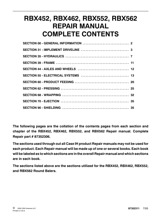Service Repair Manual for Case IH RBX 462 Round Baler, Displaying technical details and repair guidelines for the baler