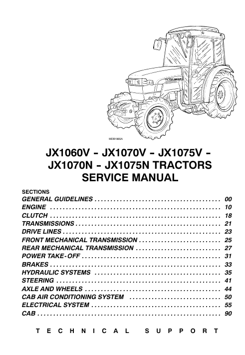 Service repair manual cover for Case JX1075V tractor, featuring technical illustrations and detailed maintenance instructions