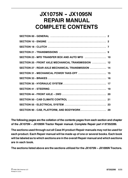Service repair manual for Case JX1095N tractor, showcasing the title and detailed technical illustrations
