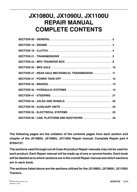 Case JX1100U tractor service repair manual, providing comprehensive repair instructions and technical support details