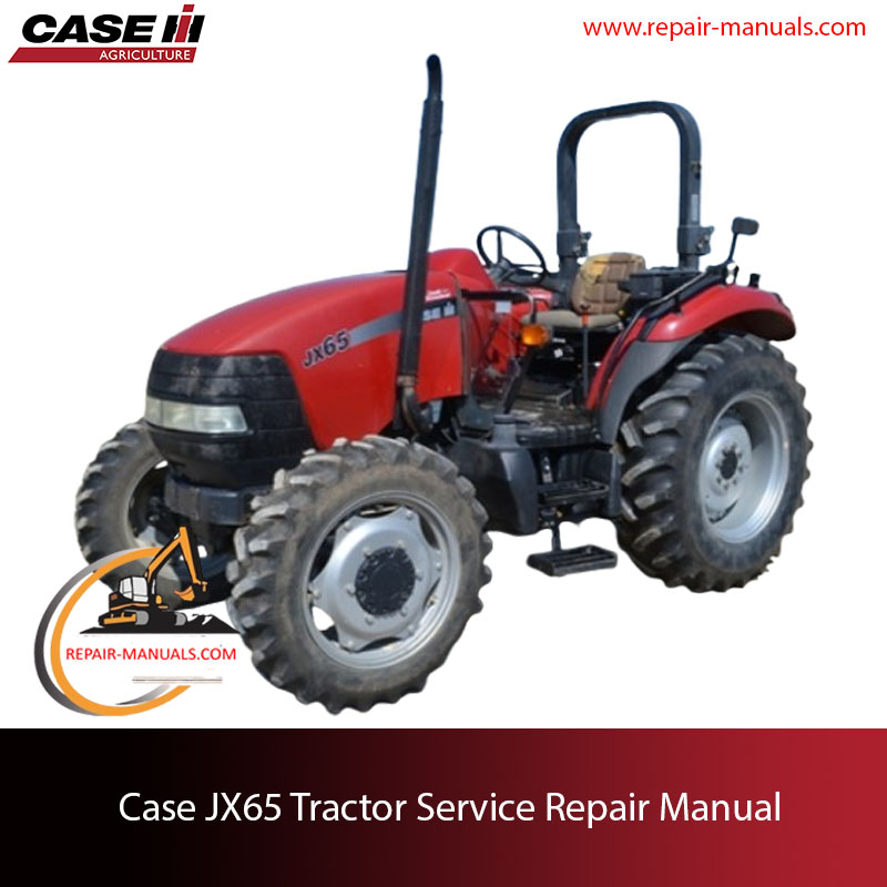 Service repair manual cover for Case JX65 tractor, showcasing diagrams and repair guidelines for maintenance and troubleshooting