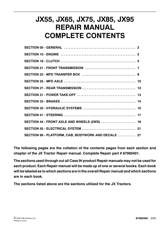 Service repair manual cover for Case JX85 tractor, displaying key repair procedures and illustrations for effective maintenance