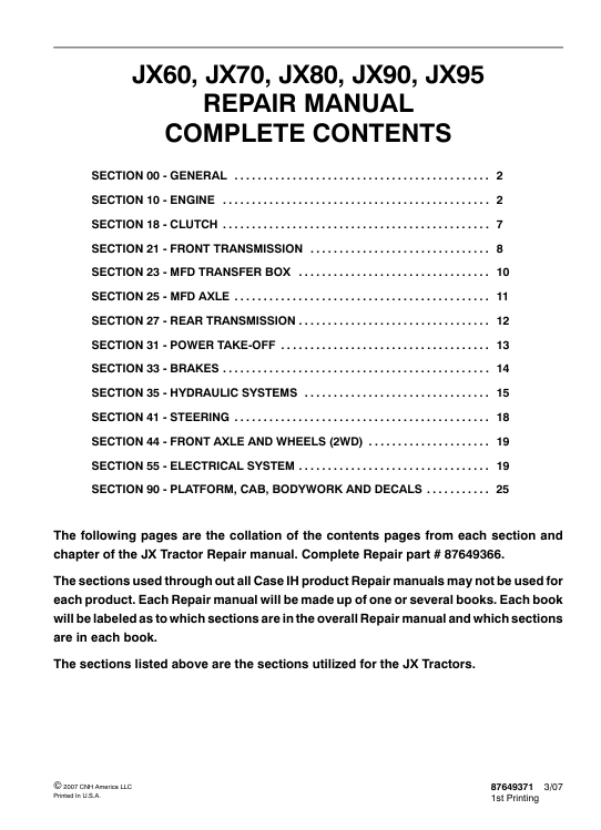 Service repair manual cover for Case JX90 tractor, displaying repair procedures and illustrations for effective troubleshooting