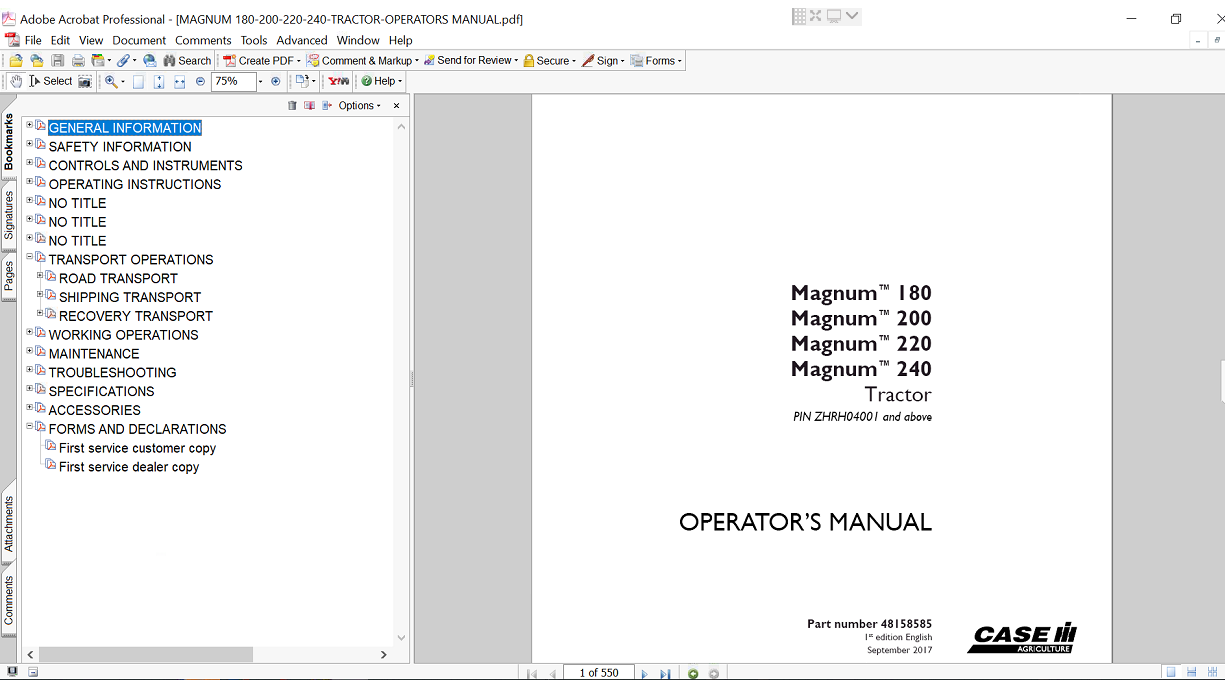 Operator's Manual for Case IH Magnum 220 Tractor, including specifications, maintenance schedules, and operational guidance
