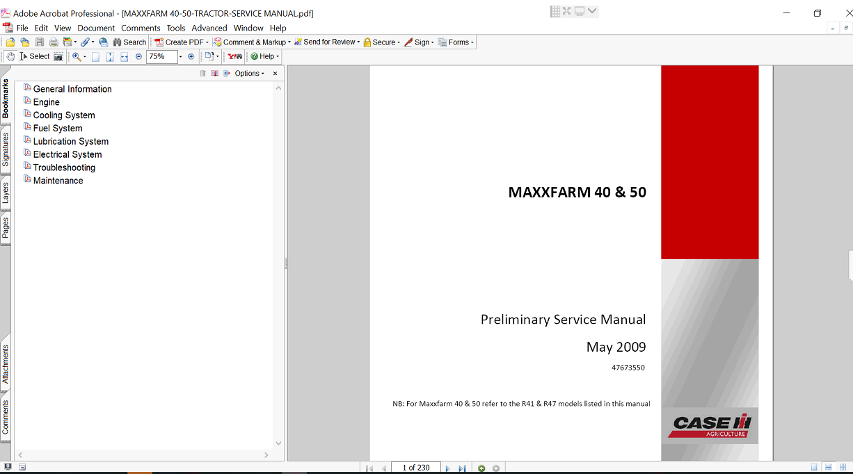 Service repair manual for Case Maxxfarm 50 Tractor, featuring technical illustrations and detailed maintenance instructions