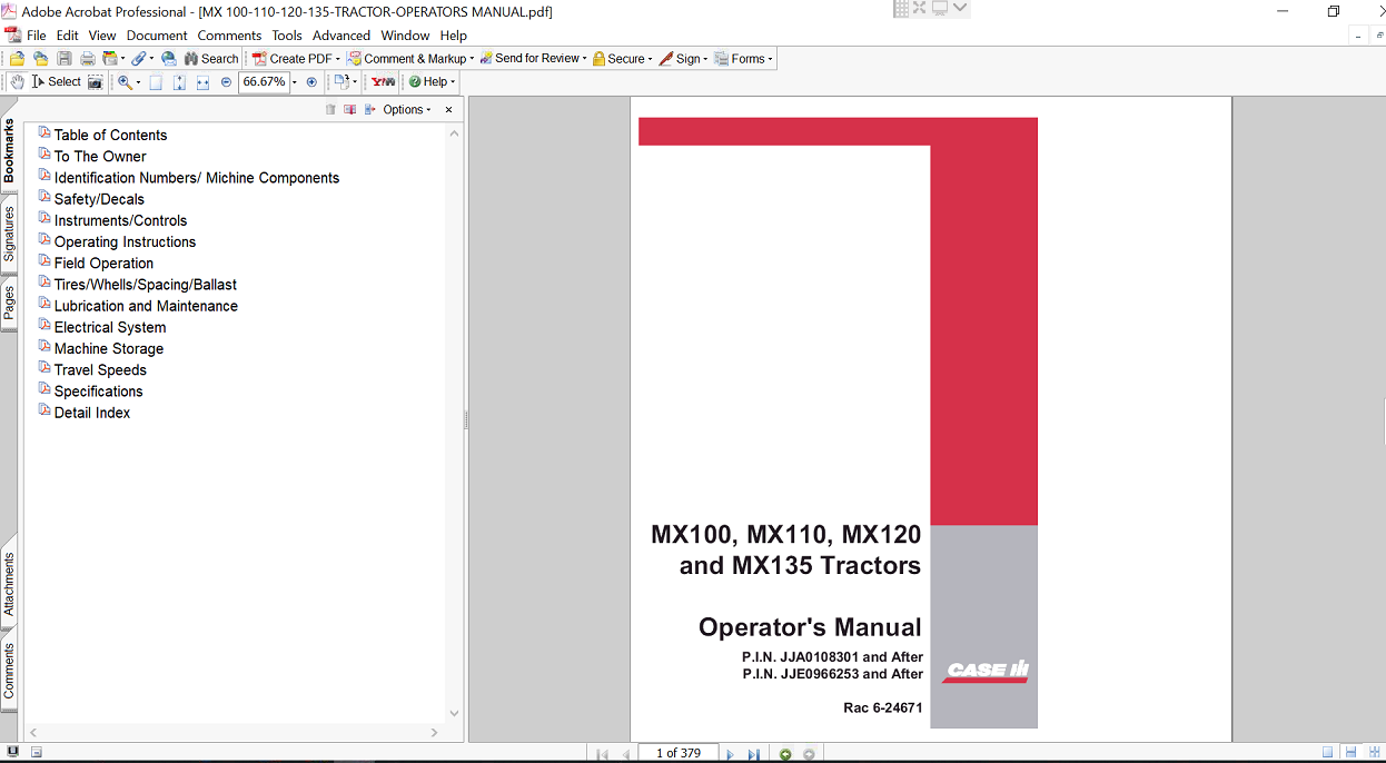 Case MX 100 Tractor Operator's Manual, showcasing the tractor and providing key operational and maintenance instructions