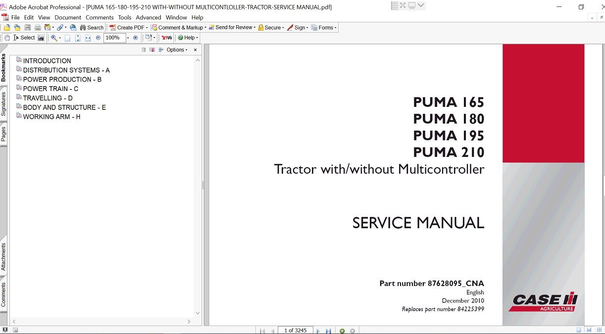 Service manual for Case IH Puma 180 Tractor, highlighting repair procedures and essential maintenance information