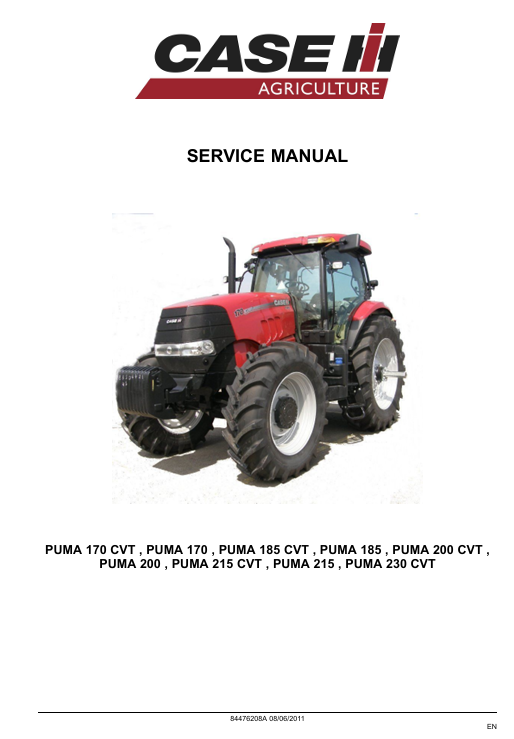 Case Puma 200 CVT tractor service manual cover, presenting repair instructions and technical specifications
