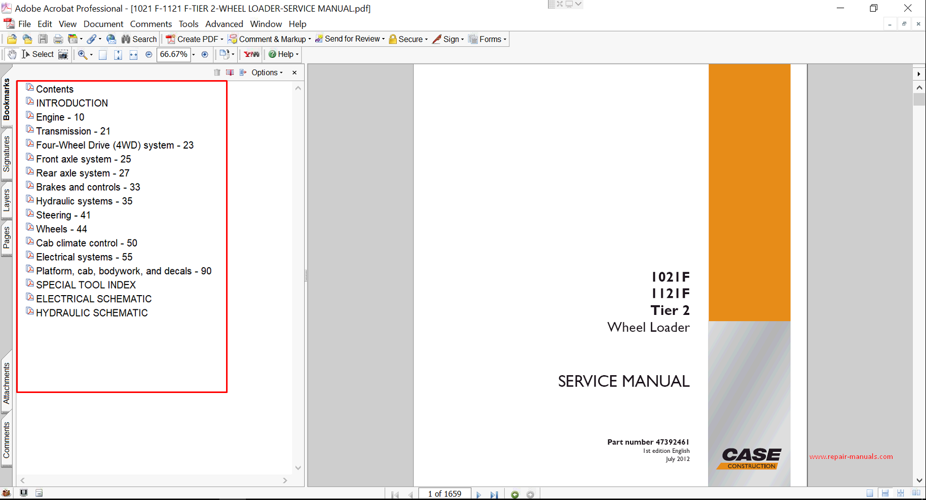 Service repair manual for Case 1121F Wheel Loader, including maintenance tips and technical specifications with highlighting repair procedures