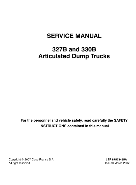 Cover of the service repair manual for Case 330B Articulated Dump Truck, including maintenance tips and technical specifications with highlighting repair procedures