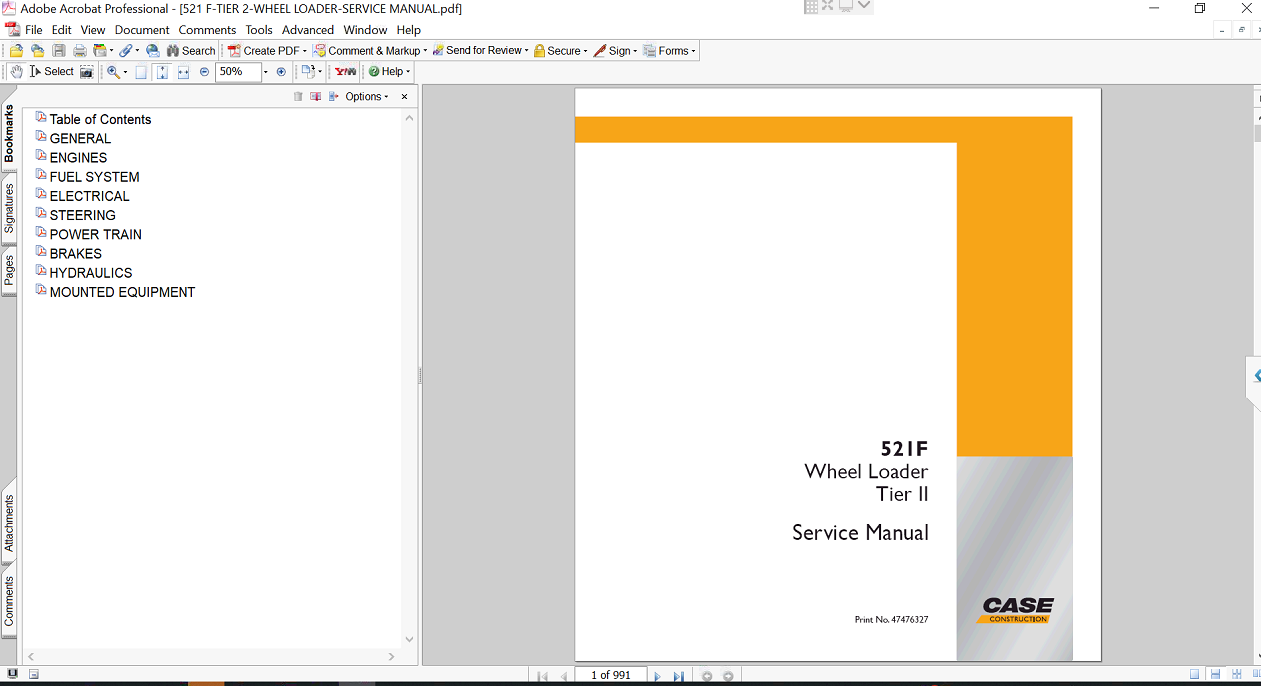 Service repair manual for Case 521F Wheel Loader, displaying key repair procedures and maintenance instructions