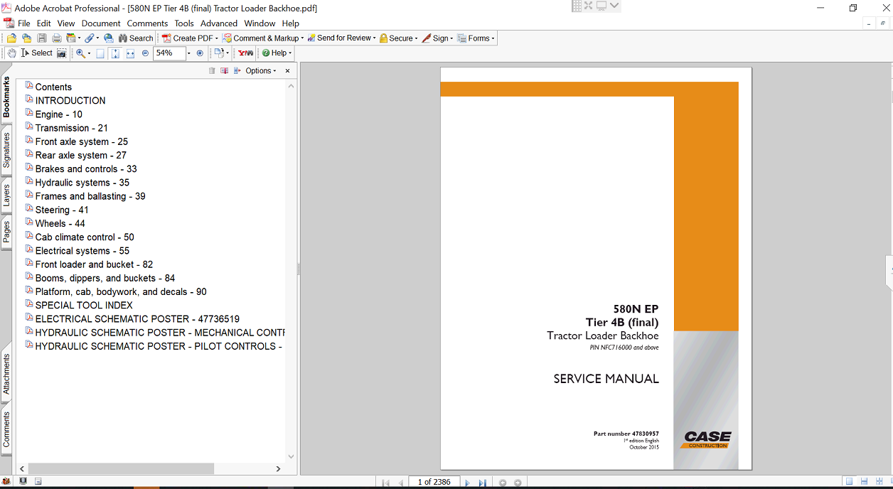 Service repair manual for Case 580N EP Backhoe Loader, displaying key repair procedures and maintenance instructions