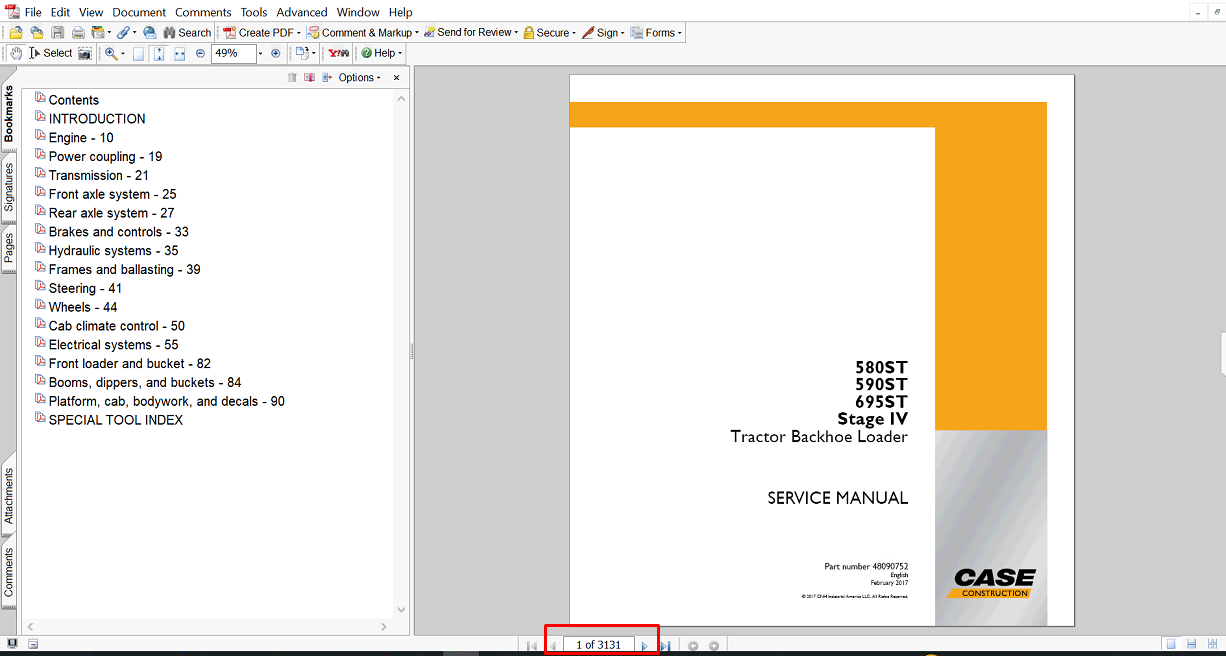 Service repair manual for Case 580ST Backhoe, displaying key repair procedures and maintenance instructions