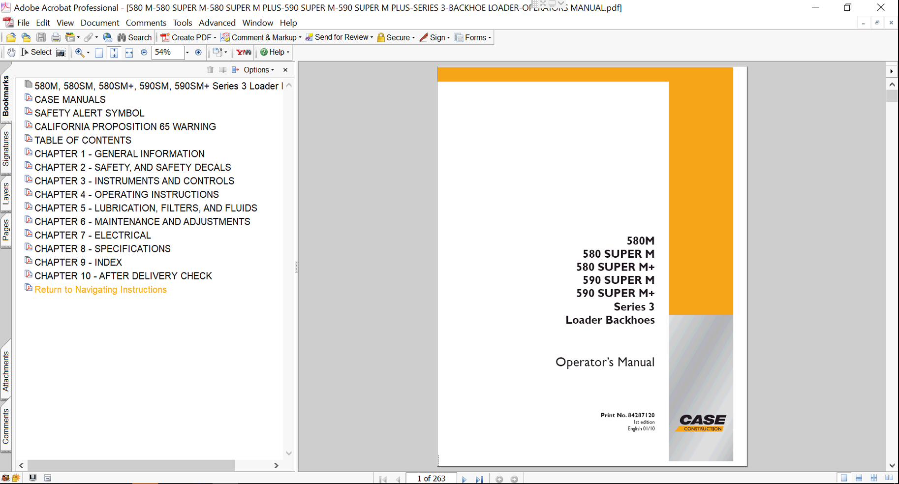 The Operator’s Manual for case 590 super m plus series 3, featuring the Case logo and model name with a technical illustration or photo of the backhoe loader
