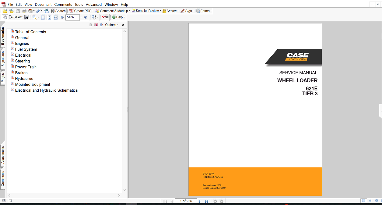 Service repair manual for Case 621E Wheel Loader, displaying key repair procedures and maintenance instructions