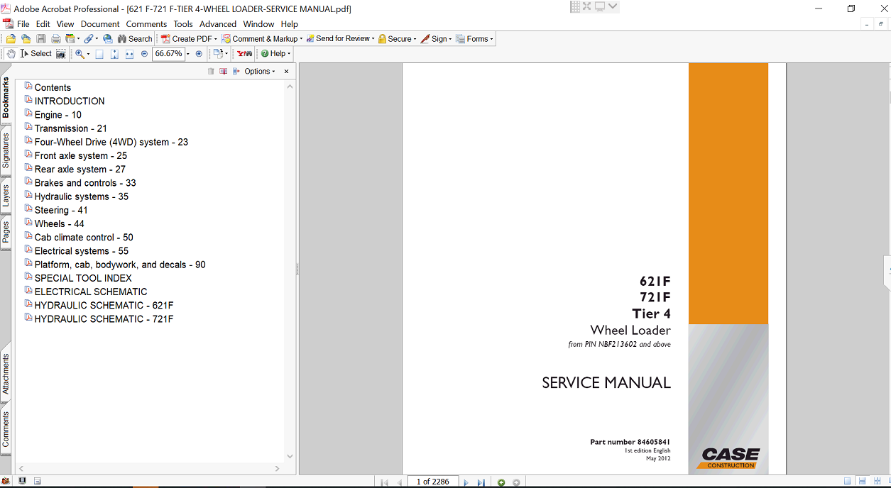 Service repair manual cover for Case 621F Wheel Loader, featuring technical illustrations, detailed repair and maintenance instructions