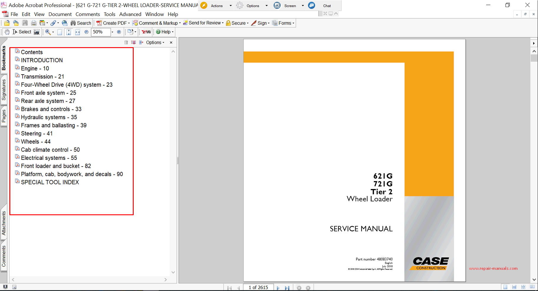 Service repair manual for Case 621G Wheel Loader, including maintenance tips and technical specifications with highlighting repair procedures