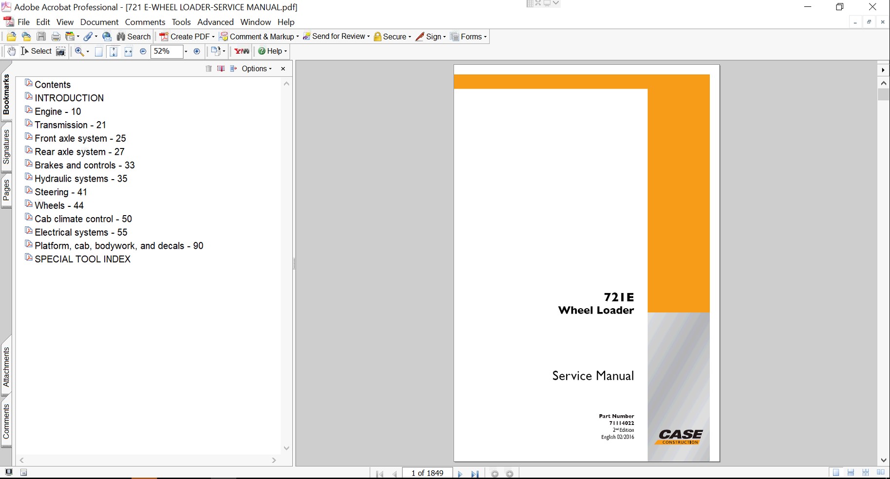 Cover page of the Service Repair Manual for Case 721E Wheel Loader, including technical maintenance and repair procedures