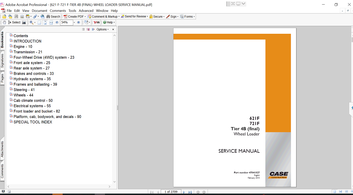 Service repair manual cover for Case 721F Wheel Loader, featuring technical illustrations, detailed repair and maintenance instructions