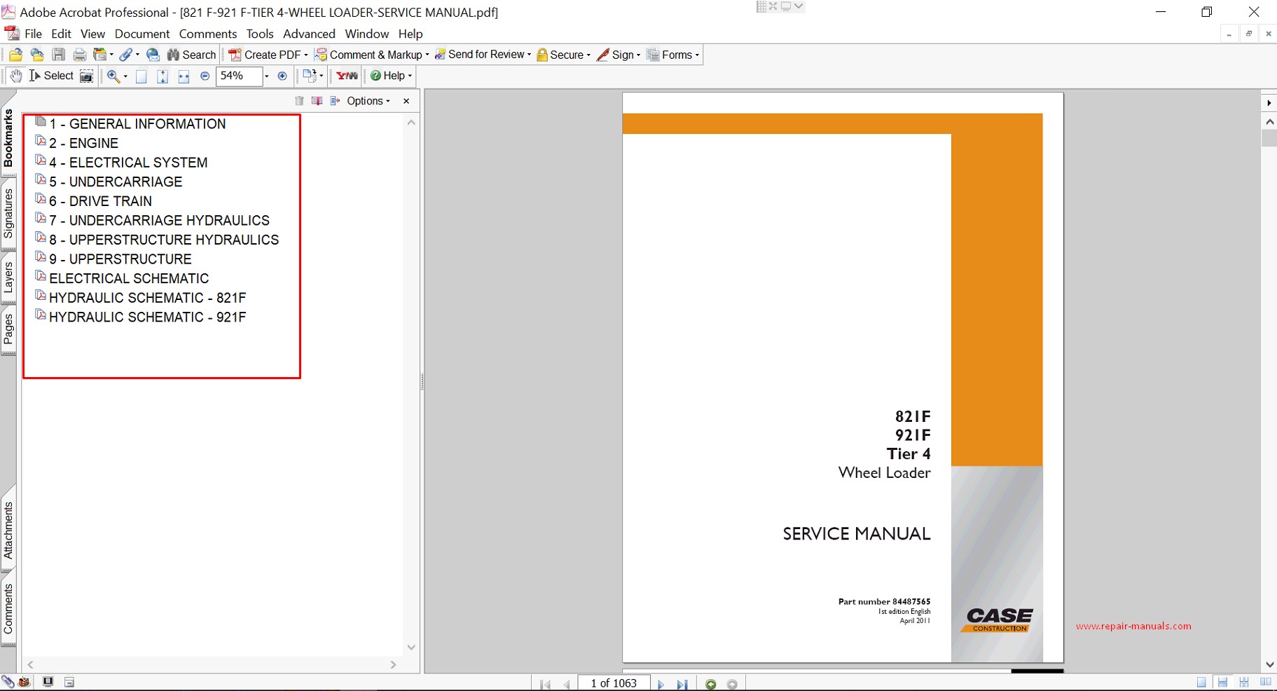 Service repair manual for Case 821F Wheel Loader, including maintenance tips and technical specifications with highlighting repair procedures