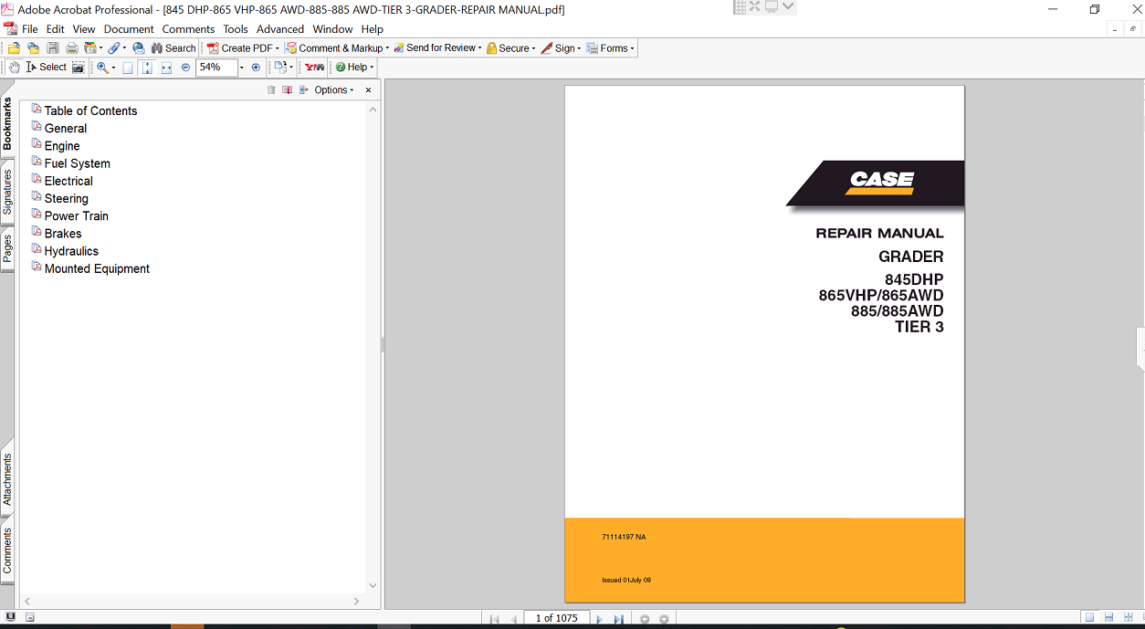 Service repair manual for Case 845 DGP Motor Grader, displaying key repair procedures and maintenance instructions