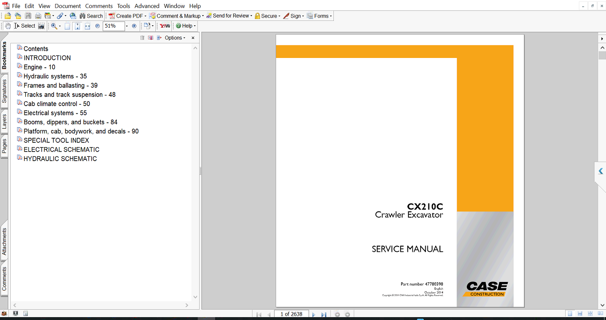 Service repair manual for Case CX210C Excavator, displaying key repair procedures and maintenance instructions