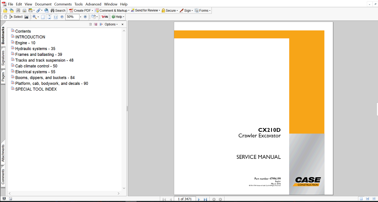 Service repair manual for Case CX210D Excavator, displaying key repair procedures and maintenance instructions