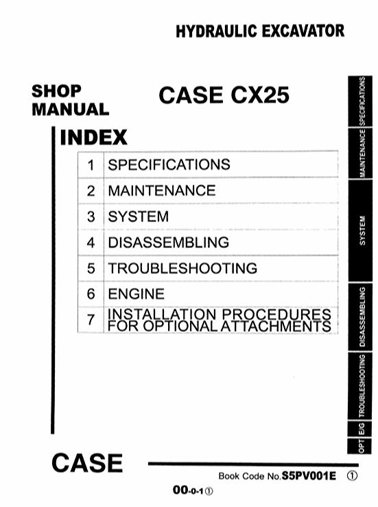 Service repair manual for Case CX25 Excavator, displaying key repair procedures and maintenance instructions