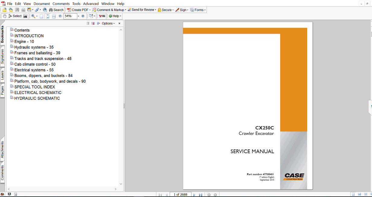 Service repair manual for case cx250c excavator, displaying key repair procedures and maintenance instructions