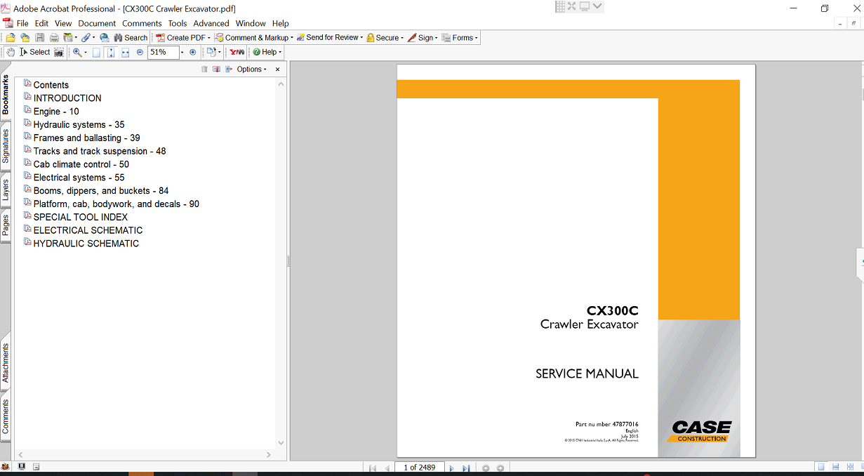 Service repair manual cover for Case CX300C Excavator, featuring technical illustrations, detailed repair and maintenance instructions