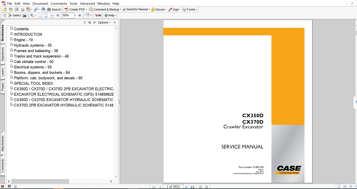 Service repair manual for Case CX370D Excavator, displaying key repair procedures and maintenance instructions