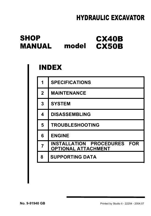 Service repair manual for Case CX40B Excavator, including maintenance tips and technical specifications with highlighting repair procedures