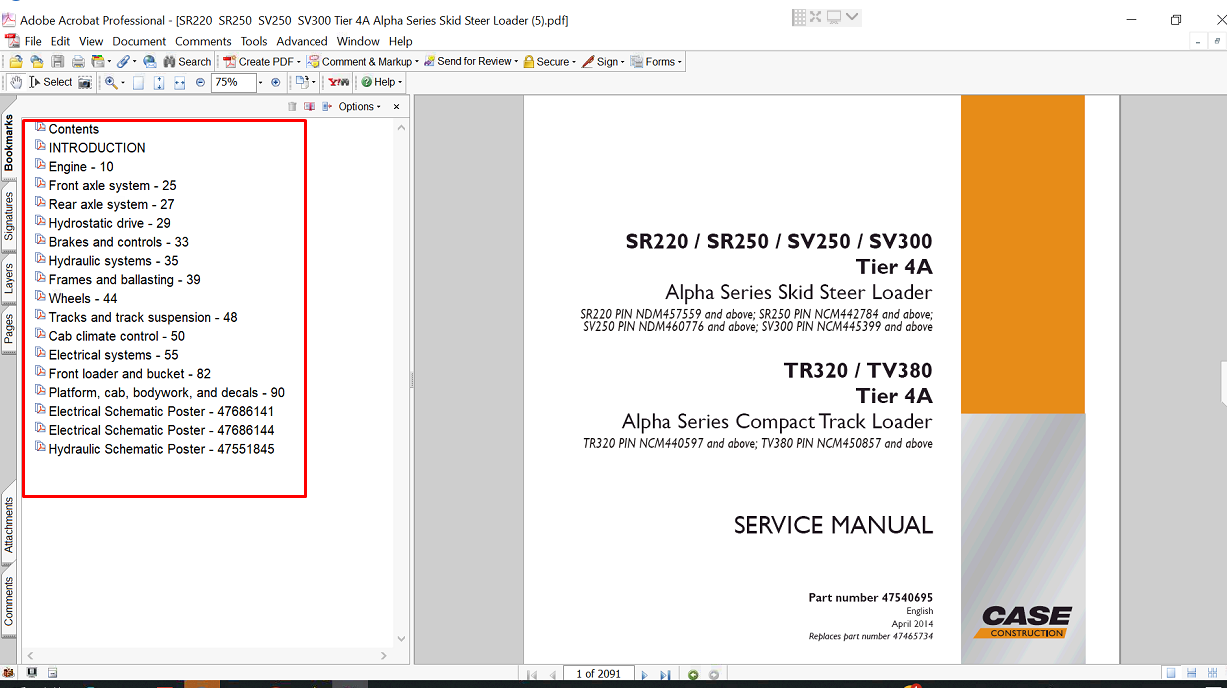 Cover of the service repair manual for Case SV300 Skid Steer, including maintenance tips and technical specifications with highlighting repair procedures