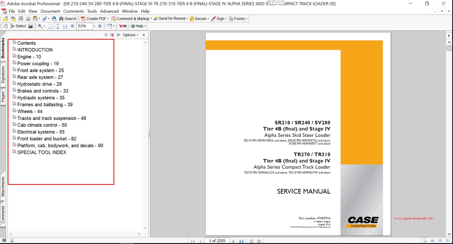 Service repair manual for Case case TR270 track loader, including maintenance tips and technical specifications with highlighting repair procedures