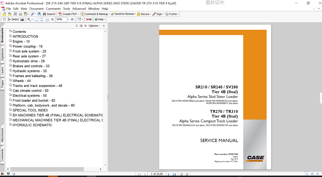 Service repair manual cover for Case TR270 Skid Steer, featuring technical illustrations, detailed repair and maintenance instructions