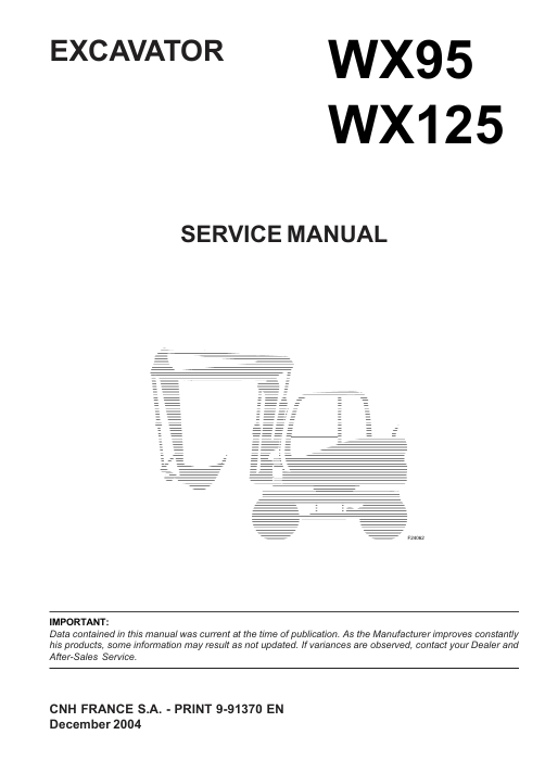 Service repair manual cover for Case wx95 Excavator, featuring technical illustrations, detailed repair and maintenance instructions
