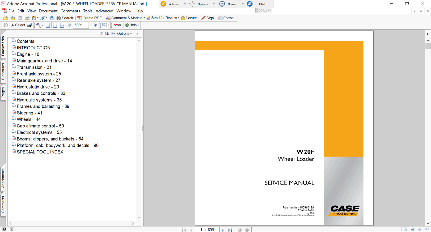 Service repair manual for Case W20F Wheel Loader, including maintenance tips and technical specifications with highlighting repair procedures