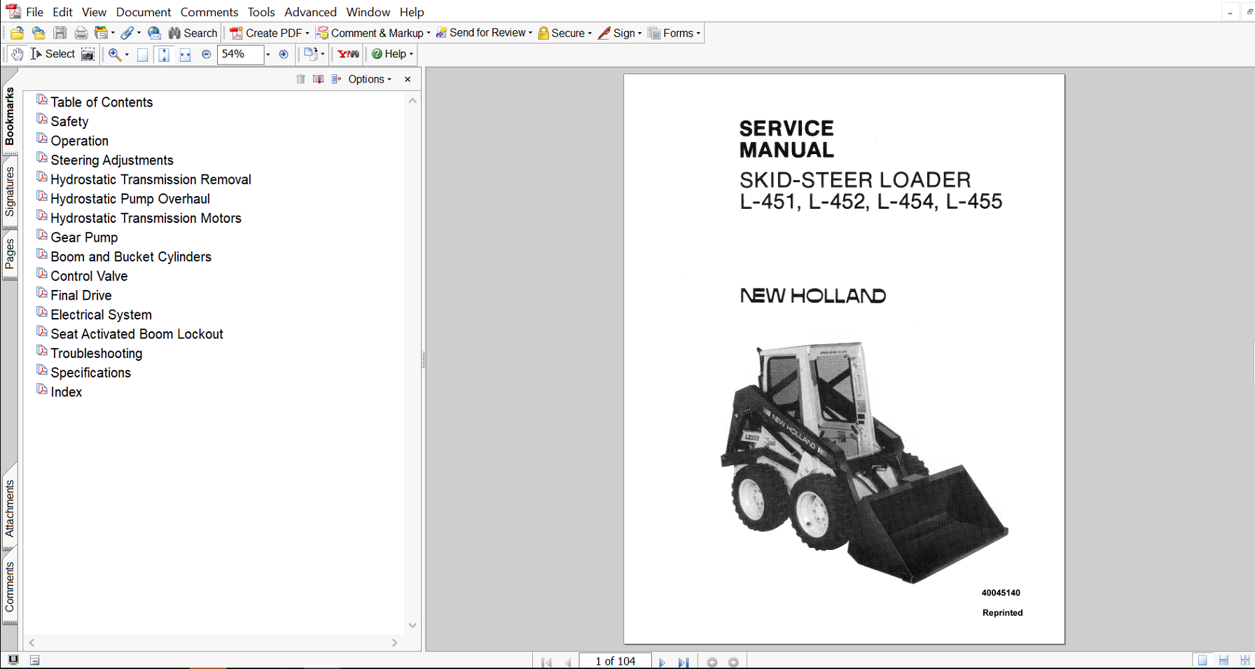Cover page of the Service Repair Manual for New Holland L454 Skid Steer, including technical maintenance and repair procedures