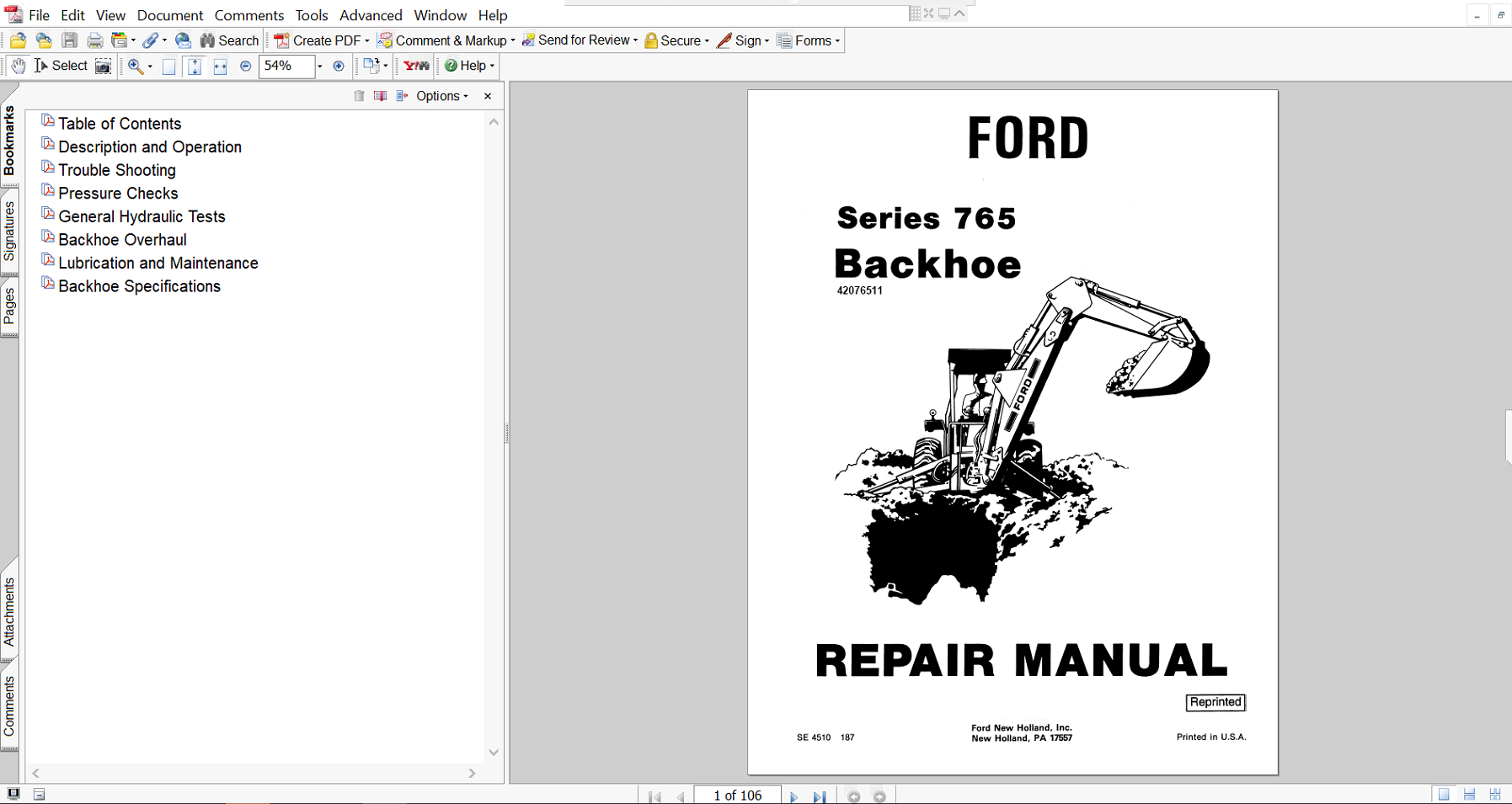 Service repair manual cover for ford 765 backhoe loader, featuring technical illustrations, detailed repair and maintenance instructions