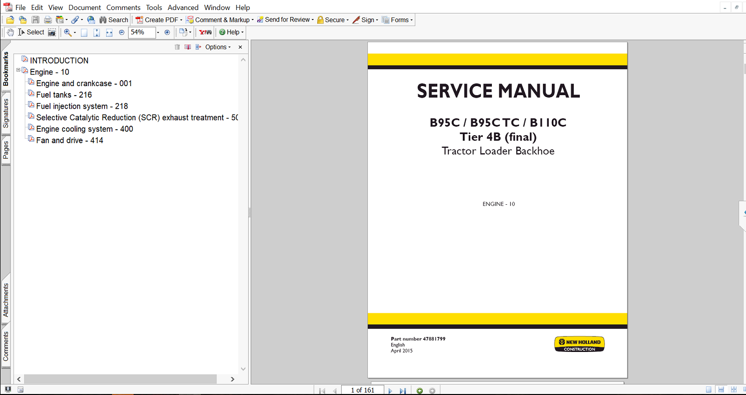 Engine service repair manual for New Holland B110C Backhoe Loader, displaying technical details and maintenance guidelines
