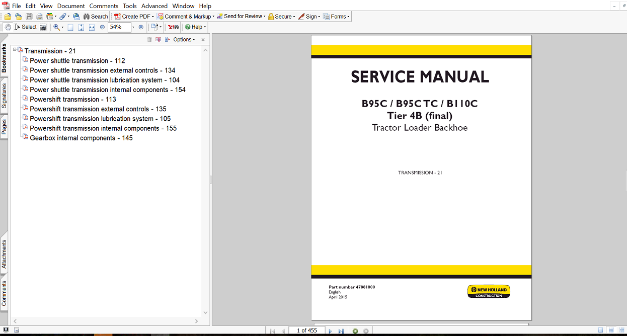 New Holland B110C service repair manual cover featuring machinery diagrams and maintenance instructions