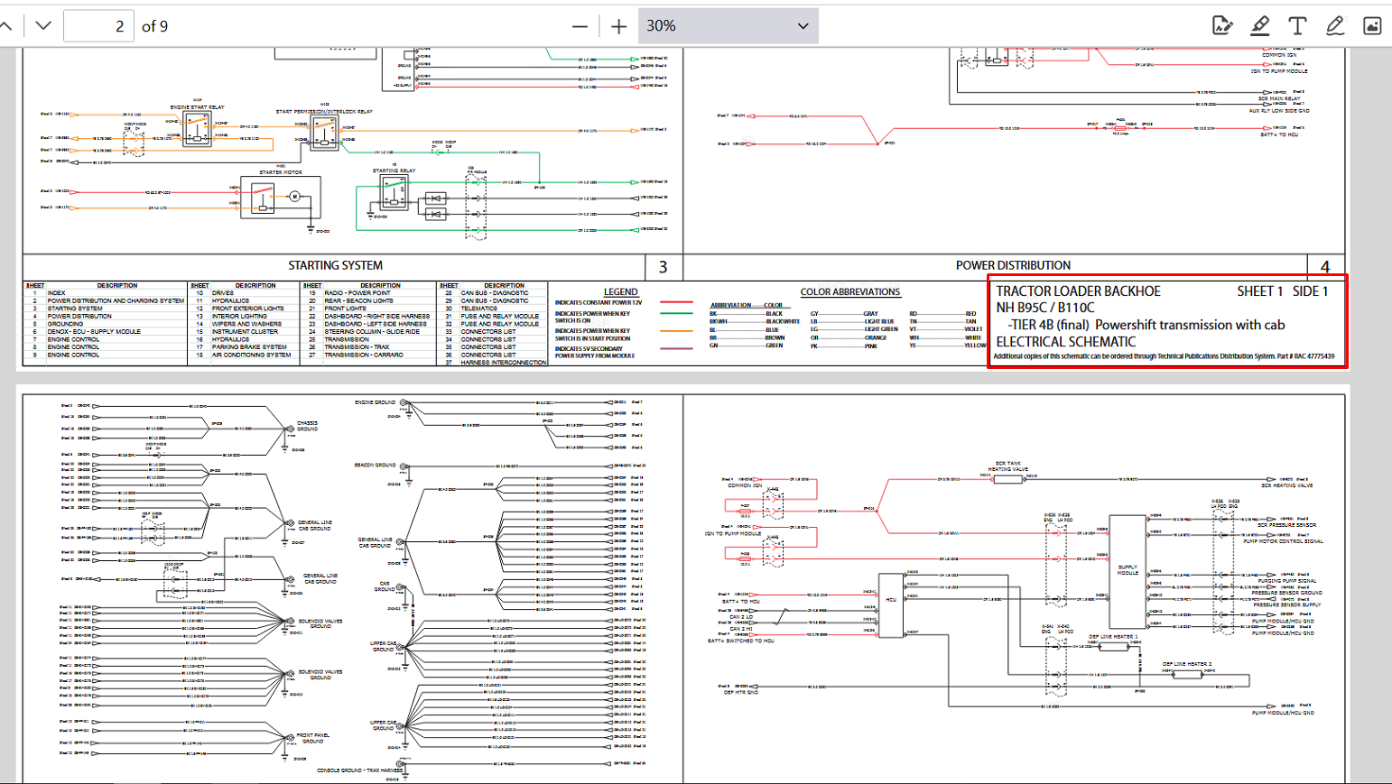 Detailed electrical diagrams for the New Holland B95C Backhoe Loader, illustrating wiring and system connections