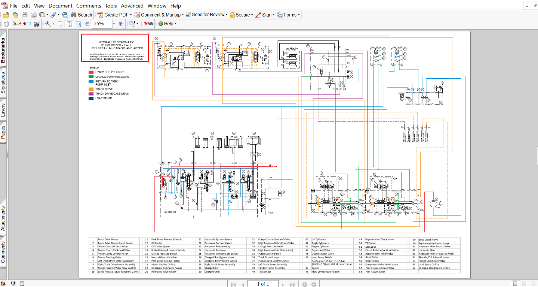 Illustrative hydraulic diagrams for the New Holland D125C dozer, outlining the hydraulic system for effective troubleshooting