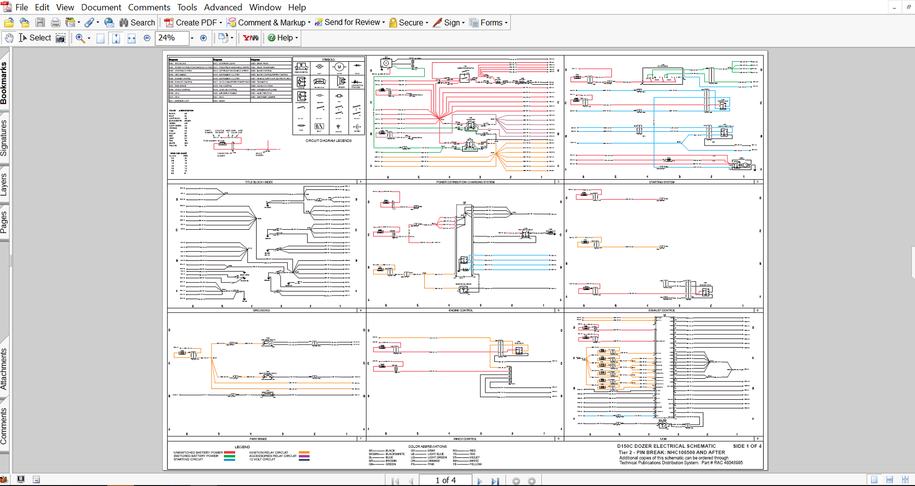 Detailed electrical diagrams for the New Holland D150C dozer, showing wiring and electrical components