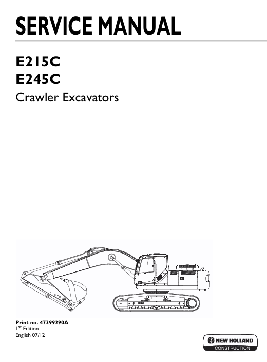 Service repair manual for New Holland E215C Excavator, including maintenance tips and technical specifications with highlighting repair procedures