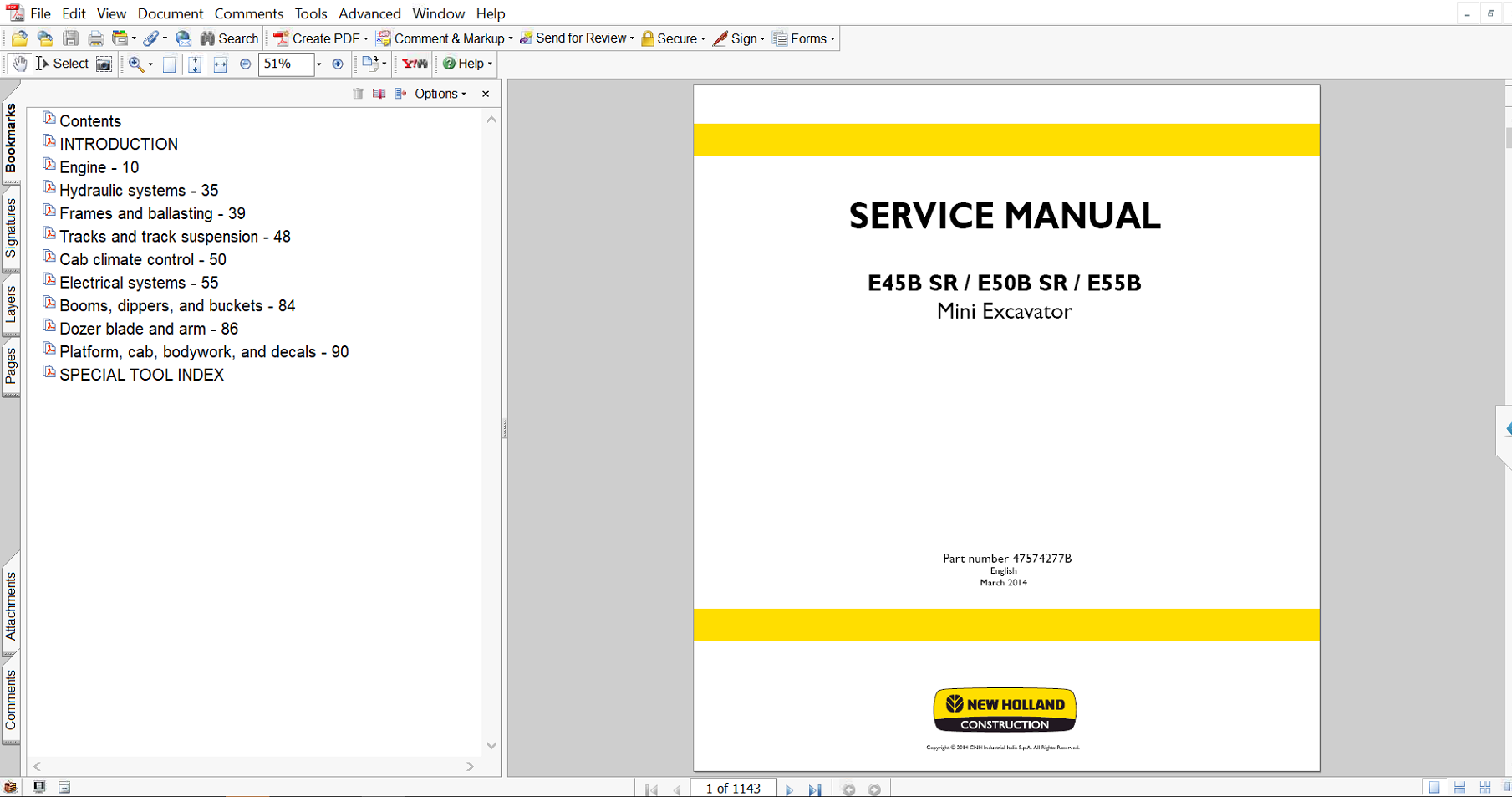 Service repair manual cover for New Holland E50B SR Excavator, featuring technical illustrations, detailed repair and maintenance instructions