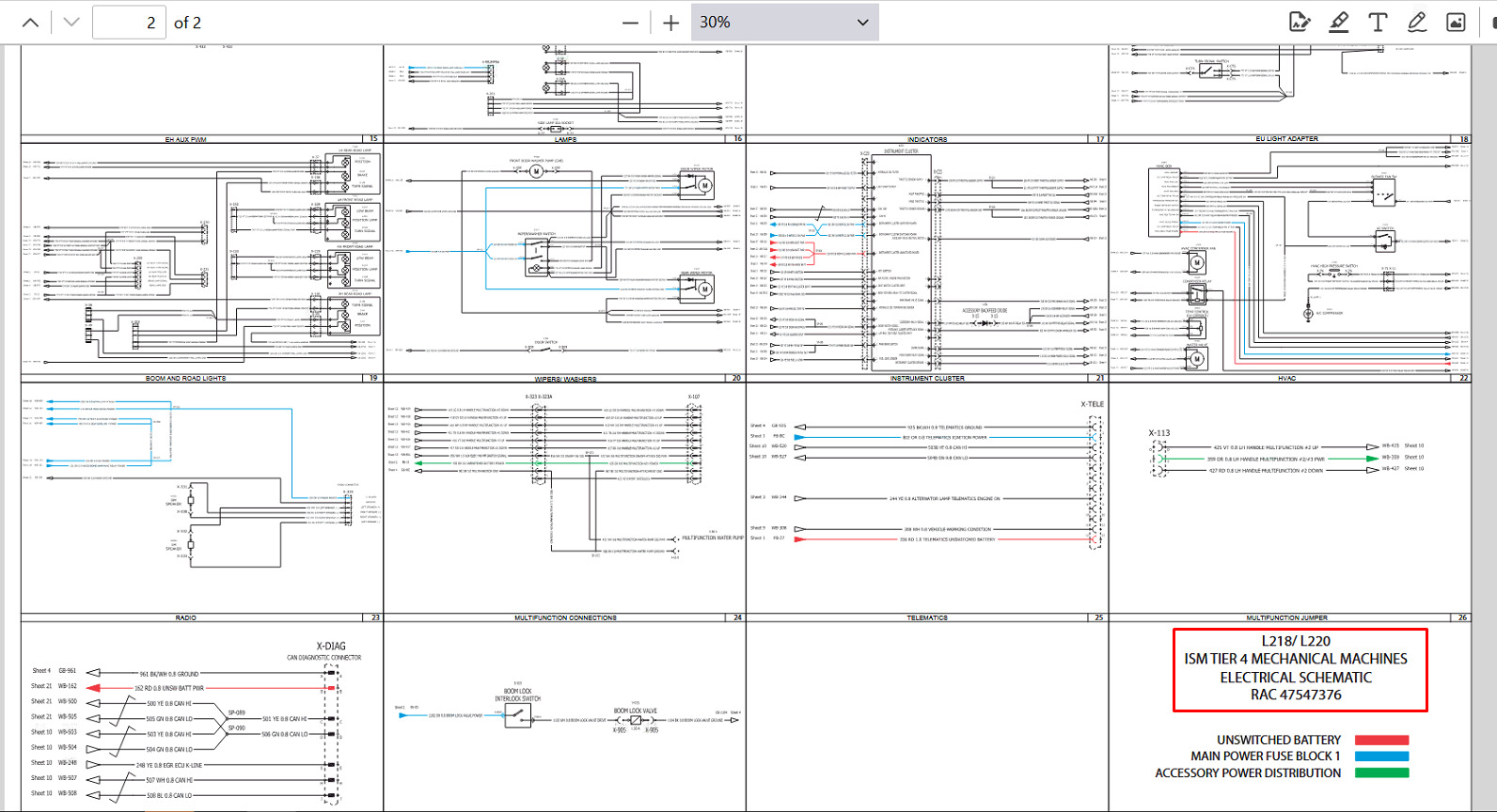 Electrical diagrams for New Holland L220 Skid Steer, detailing wiring and component connections for maintenance and repair